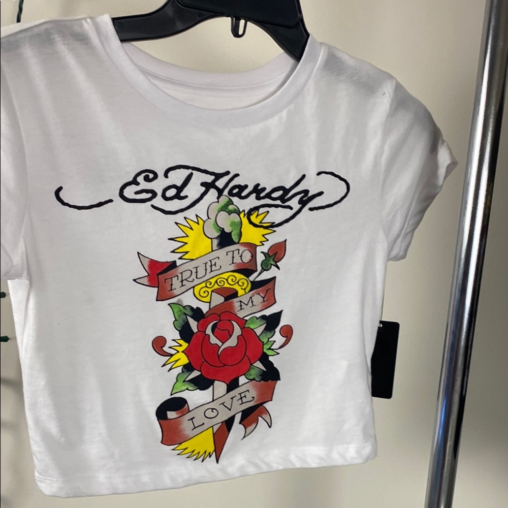 Ed Hardy Red and White Graphic Short Sleeve Tee